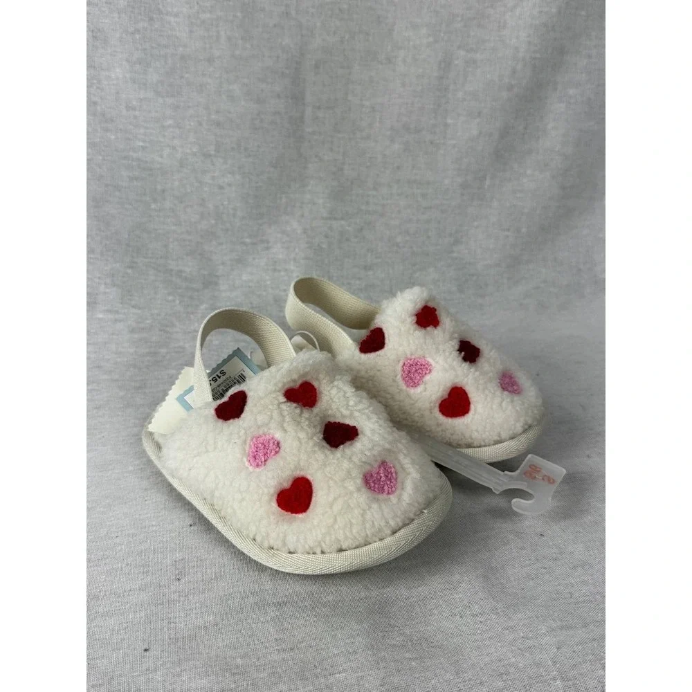 Cat‎ & Jack Baby Girls Heart Sherpa Slippers White Red Pink Strap S 5/6 NWT